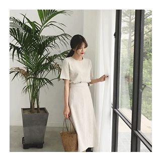 Set: Linen Blend Zip-back Top + Tie-waist Wrap Skirt
