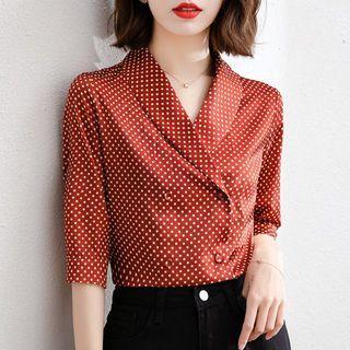 Elbow-sleeve Double-breasted Dotted Blouse