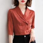 Elbow-sleeve Double-breasted Dotted Blouse