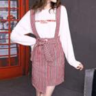 Set: Long-sleeve Lettering Top + Striped Jumper Mini Skirt