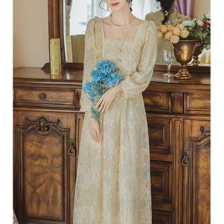 Square-neck Puff-sleeve Floral Print Midi A-line Dress