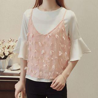 Set: Short-sleeve Chiffon Top + Spaghetti-strap Top