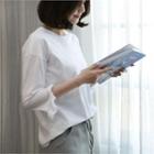 Round-neck 3/4-sleeve Frilled T-shirt