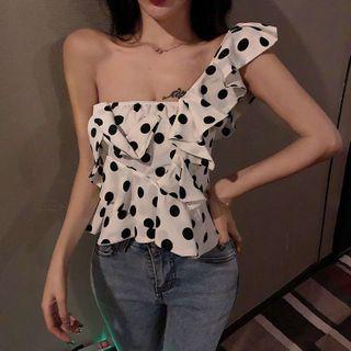 Asymmetric Shoulder Dotted Cropped Top White - One Size