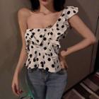 Asymmetric Shoulder Dotted Cropped Top White - One Size