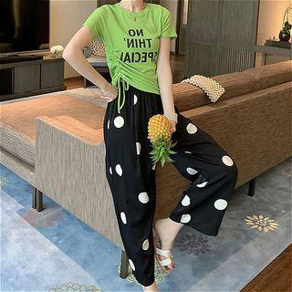 Set: Short-sleeve Lettering T-shirt + Dotted Wide Leg Pants