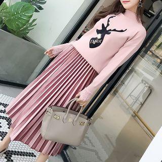Set: Deer Print Mock-neck Sweater + Accordion Pleat Skirt
