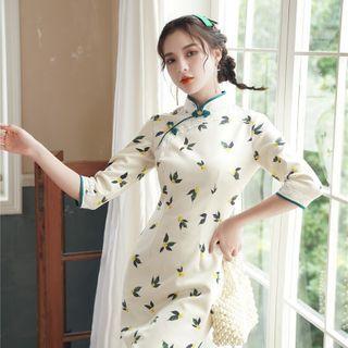 3/4-sleeve Fruit Print Qipao Dress