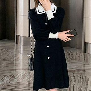 Contrast Collar Button Knit A-line Dress