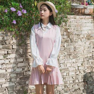 Set: Bow Neck Blouse + Jumper A-line Dress