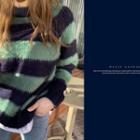Raglan-sleeve Stripe Sweater Navy Blue - One Size