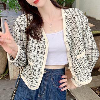 V-neck Plaid Pocket-detail Long-sleeve Cardigan