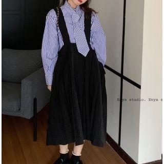 Long-sleeve Striped Shirt / Plain Pinafore Dress