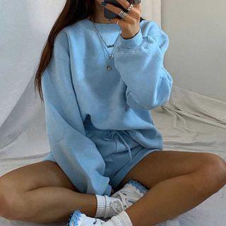 Set: Plain Long-sleeve Sweatshirt + Drawstring Shorts