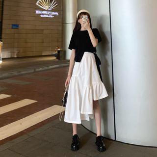 Short-sleeve Irregular Waist-tie T-shirt / A-line Midi Skirt