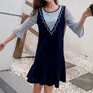 3/4-sleeve Lace Paneled Mini Dress