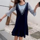 3/4-sleeve Lace Paneled Mini Dress