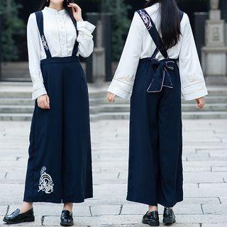 Mandarin Collar Embroidered Long-sleeve Top/ Wide-leg Cropped Suspender Pants/ Beret
