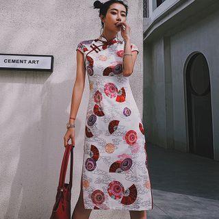 Cap-sleeve Mandarin Collar Printed Midi A-line Dress