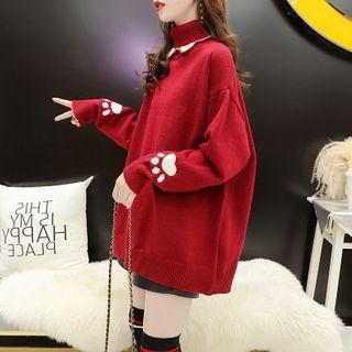 Mock-turtleneck Paw Print Sweater