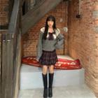 Collared Bow Sweater / Plaid Mini A-line Skirt