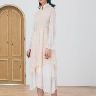 Long-sleeve Lace Stand Collar A-line Midi Dress