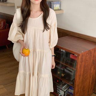 Elbow-sleeve Tiered A-line Midi Dress Almond - One Size