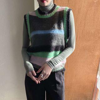 Crew-neck Multicolor Furry Vest Black - One Size