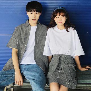 Couple Matching Crew-neck Elbow-sleeve T-shirt / Plaid A-line Skirt / Plaid Short-sleeve Shirt