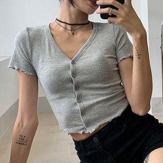 Plain V-neck Single-breasted Short-sleeve T-shirt