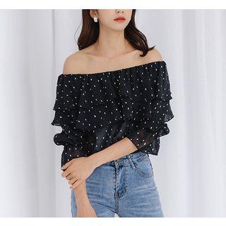 Off Shoulder Dotted Elbow-sleeve Top