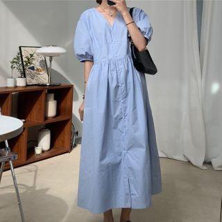 Puff-sleeve V-neck A-line Midi Dress Blue - One Size