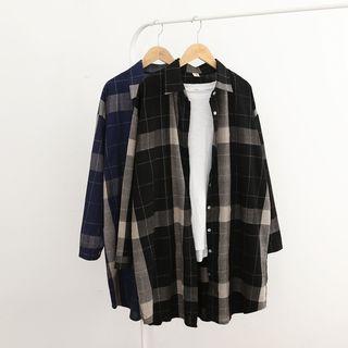 Single-breasted Long-sleeved Open-front Loose-fit Collared Gingham Cotton Long Blouse