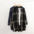 Single-breasted Long-sleeved Open-front Loose-fit Collared Gingham Cotton Long Blouse
