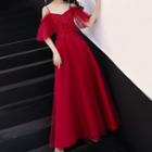 Elbow-sleeve Cold Shoulder A-line Evening Gown