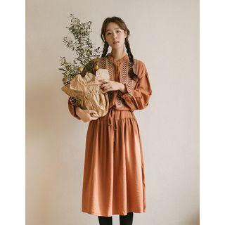 Mandarin-collar Embroidered Long Shirtdress