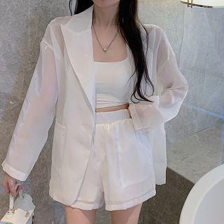 Long-sleeve Plain Sheer Blazer / High-waist Plain Shorts