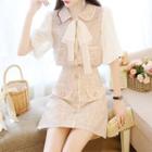 Set: Two-tone Panel Elbow-sleeve Tie-neck Blouse + Mini A-line Skirt