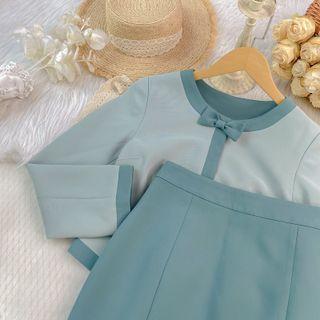 Ribbon Two-tone Blouse / Ribbon Pencil Skirt