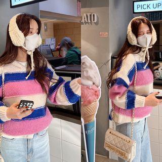 Color-block Stitched Knit Hoodie Pink - One Size