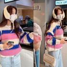 Color-block Stitched Knit Hoodie Pink - One Size