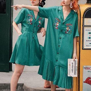 Short-sleeve Embroidered A-line Dress / Midi Dress