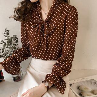 Dotted Tie-neck Lantern-sleeve Chiffon Blouse