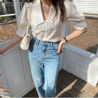 Short-sleeve Plain Lace Blouse White - One Size