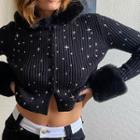 Fluffy-cuffed Ribbed Long Sleeve Top With Stars Embroidery