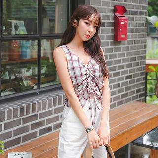 Drawstring-front Plaid Tank Top