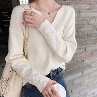 V-neck Plain Loose Fit Knit Top