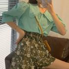 V-neck Puff-sleeve Blouse / Floral Shorts