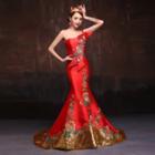 Embroidered One-shoulder Trained Mermaid Evening Gown