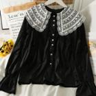 Lace-collar Velvet Shirt Black - One Size